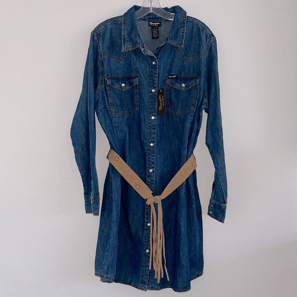 Wrangler Dresses & Skirts - Wrangler Retro Dress Long Sleeve Western Denim Dress and Fringe Leather Belt XXL